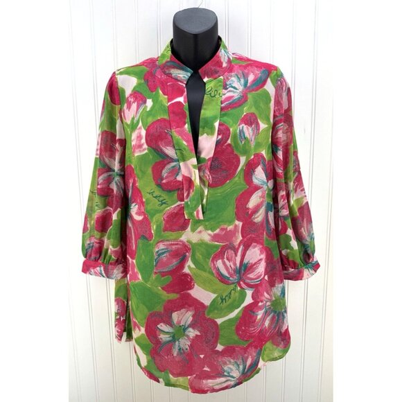 Lilly Pulitzer Tops - LILLY PULITZER 3/4 Sleeve Tropical Floral Blouse Pink & Green Top Women's S 4